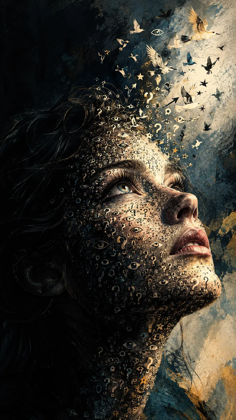 Portrait en gros plan avec pointillisme symbolique et lumière dramatique