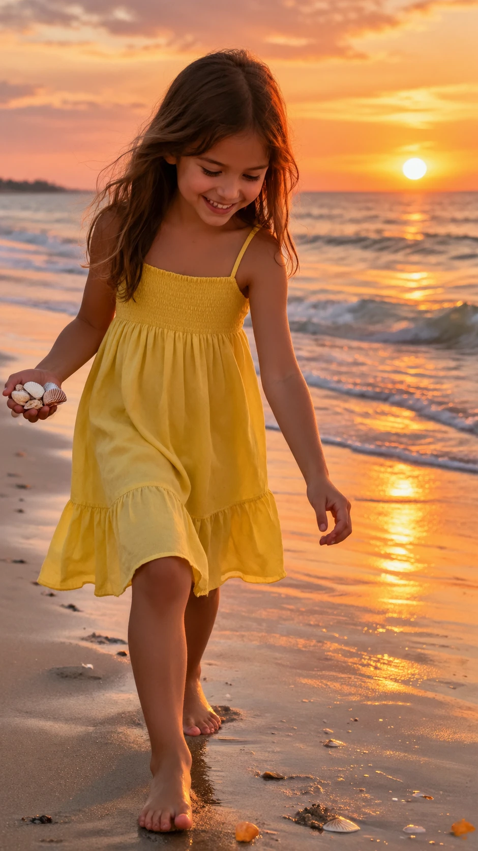 Young girl in yellow dress walking on the beach