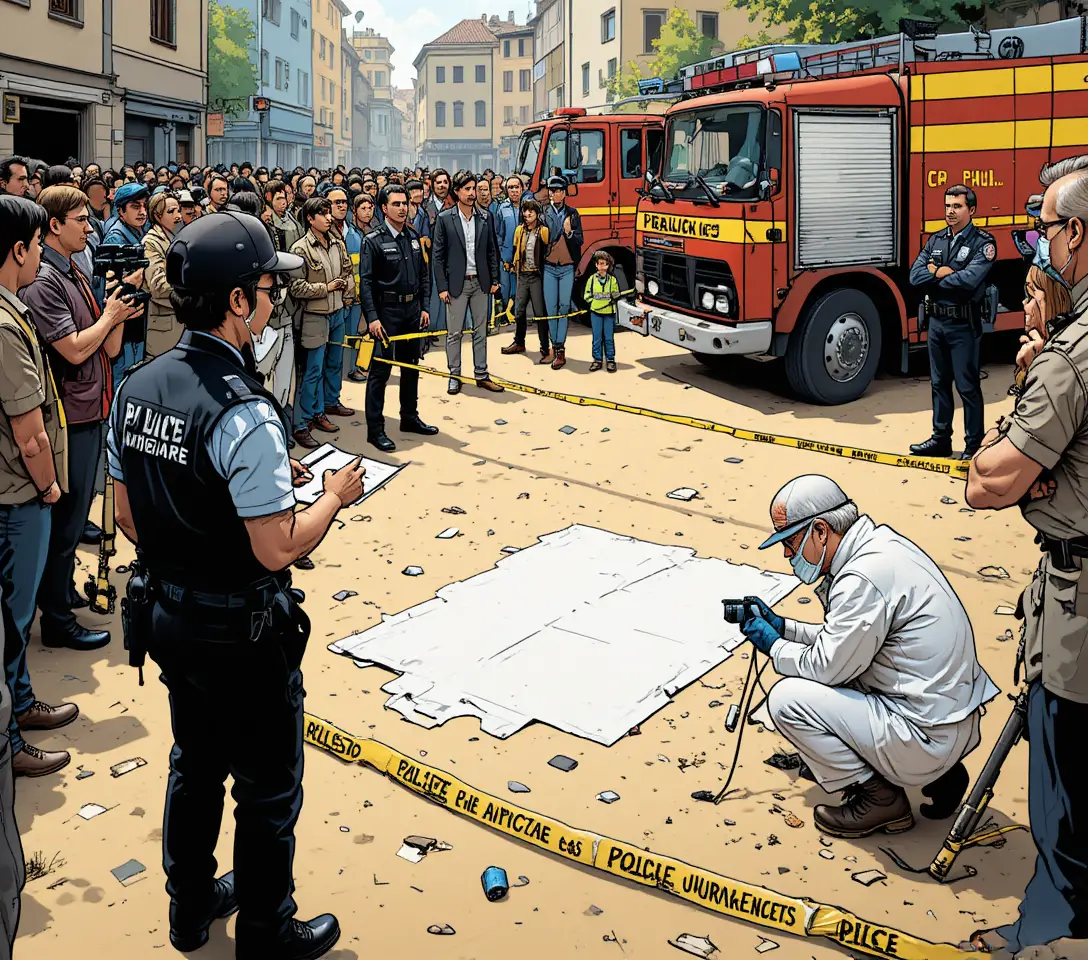 Comic style police crime scene with forensic team at work