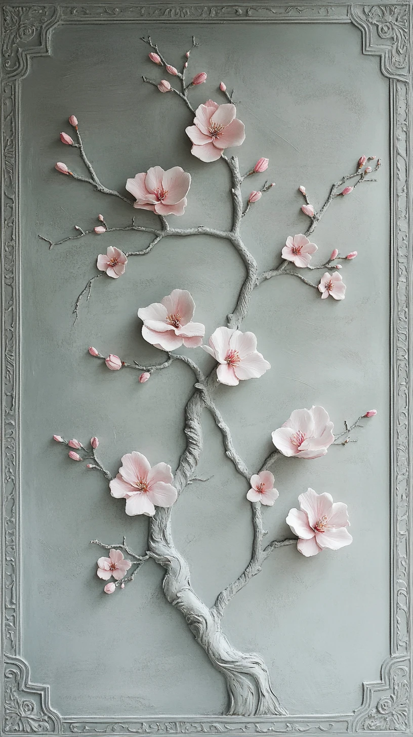 Framed painting of pink cherry blossoms in a vase on table