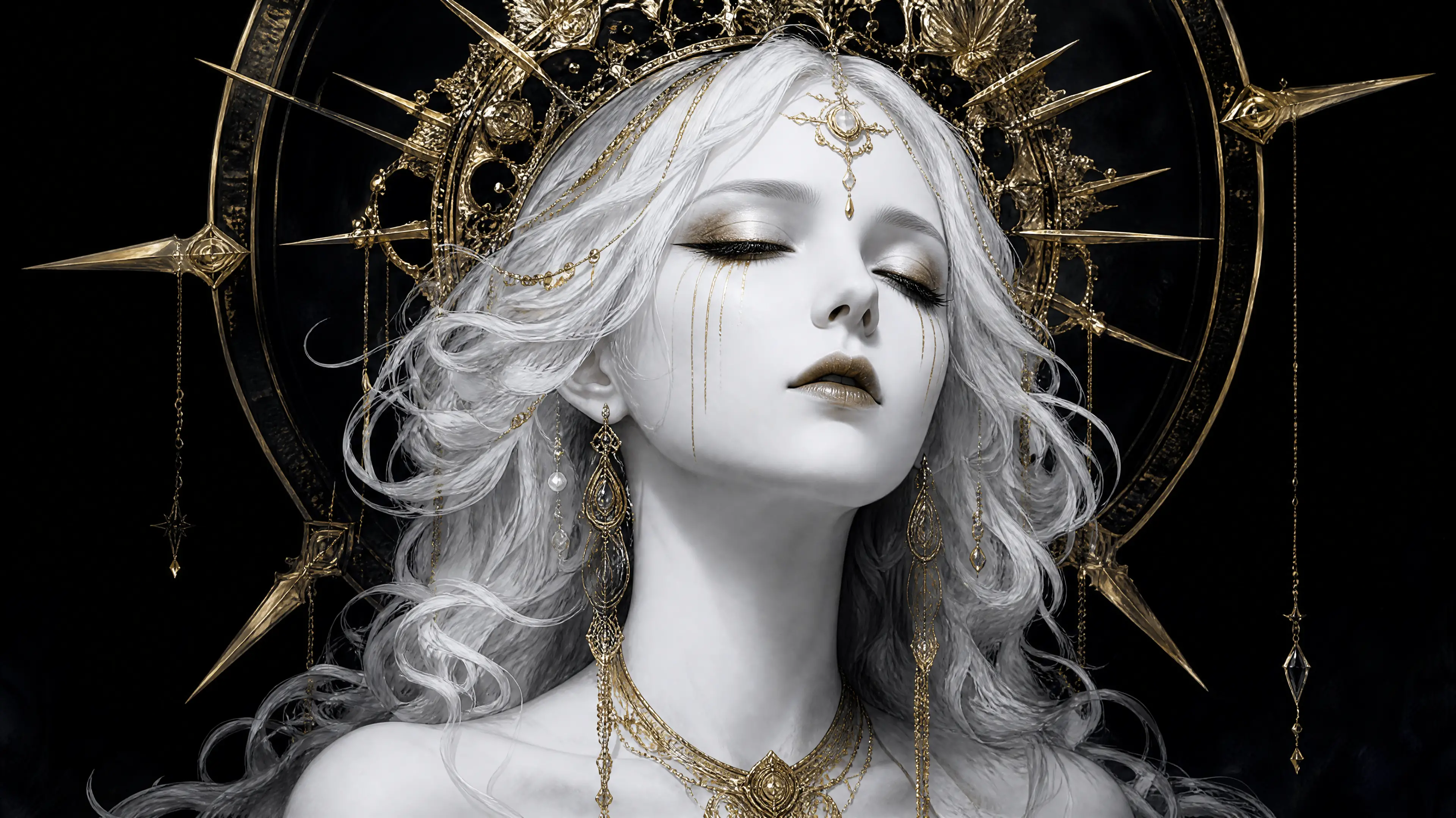 Mujer mística de piel blanca en tonos blanco y negro