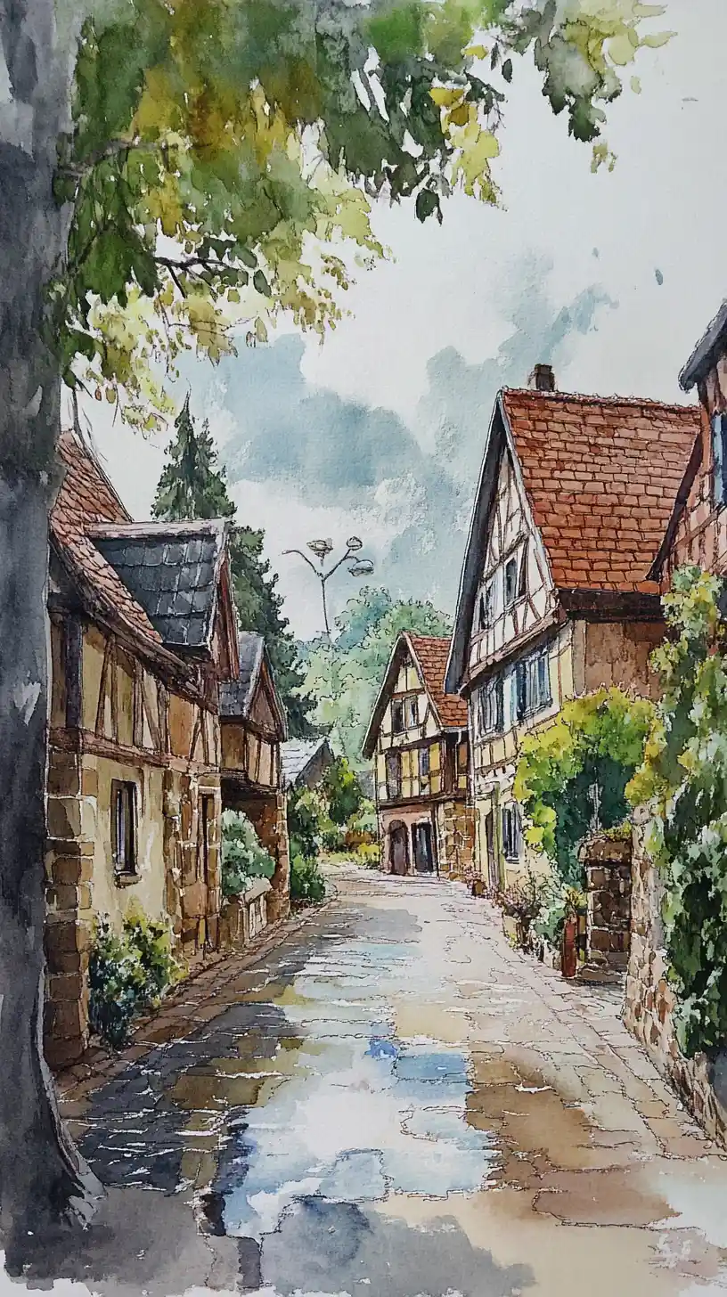 Cartoon village street with potholes filled with rainwater