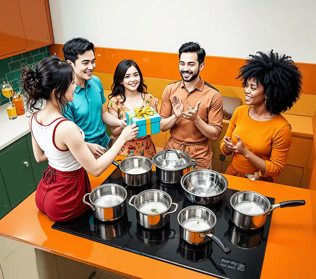 Amigos celebrando un cumpleaños sorpresa en una cocina moderna
