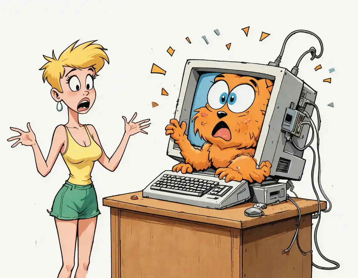 Garota surpresa e criatura em pânico em um computador vintage