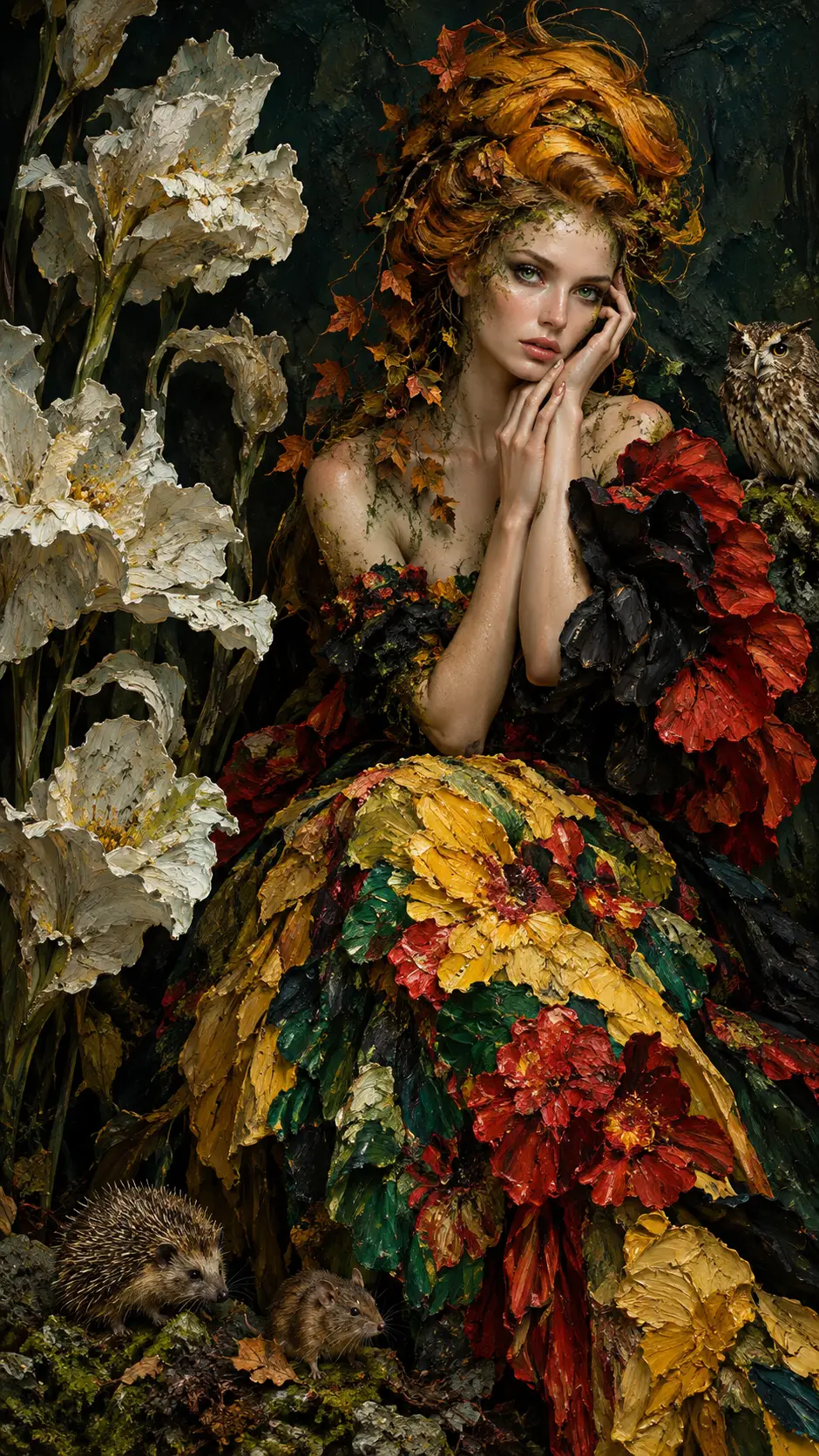 Fata del bosco in couture floreale scultorea