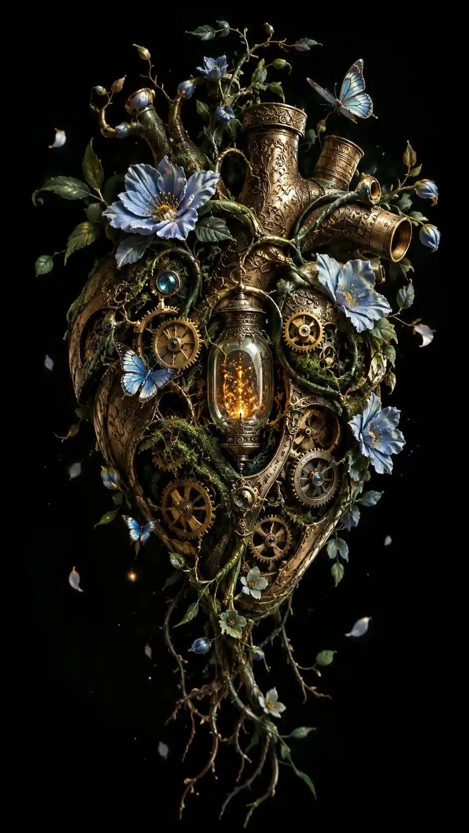 Corazón mecánico encantado entrelazado con flores y mariposas