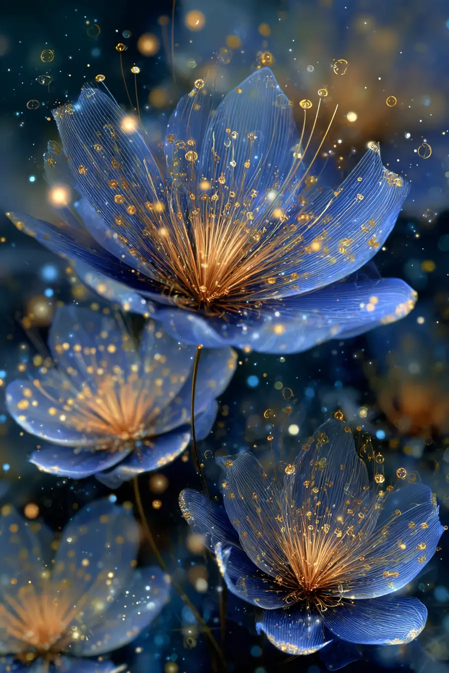 Fiori Fantastici Blu Luminosi con Riflessi Dorati Raggianti