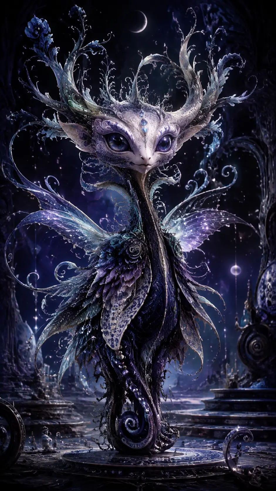 Surreal antlered fantasy creature with ornate botanical body