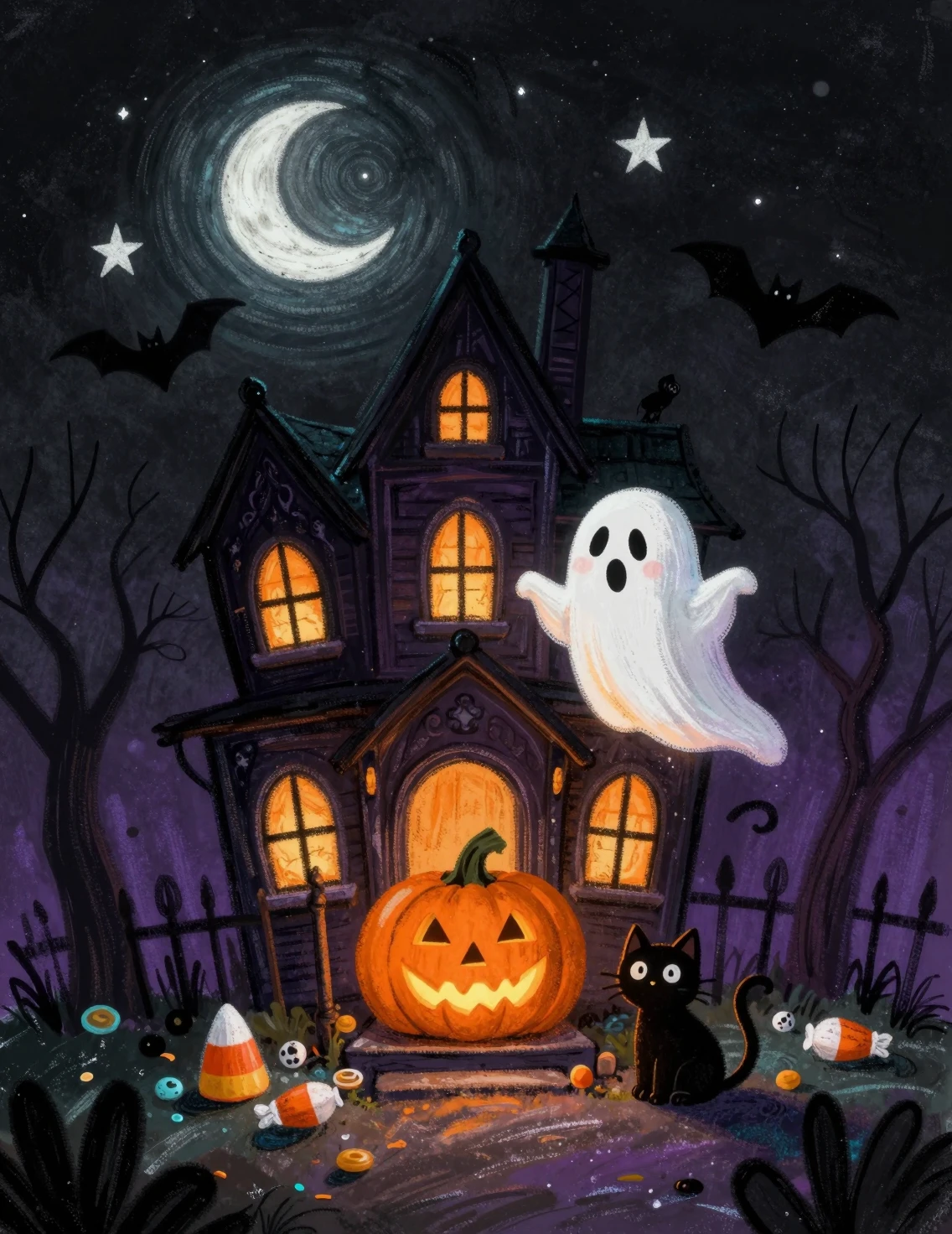 Playful ghost and black cat by a glowing jack o lantern