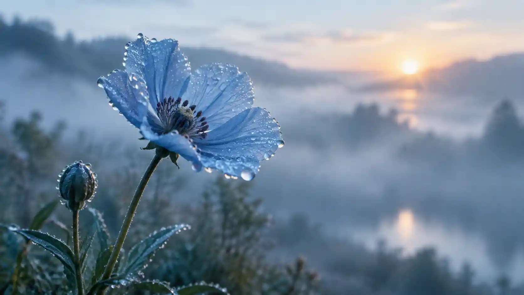 Fleur bleue avec gouttes de rosée dans la douce lumière de l’aube