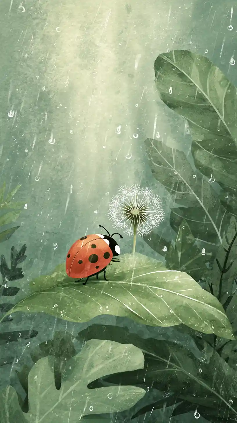 細雨中捧著蒲公英的葉上瓢蟲