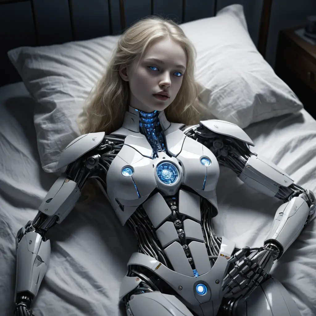 Female android resting on a transparent bed in darkness