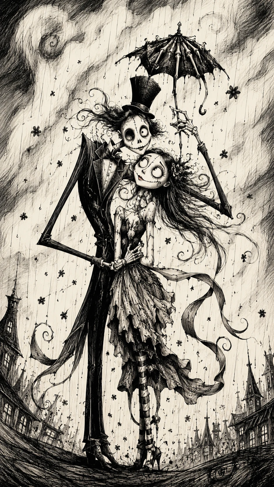 Gothic lovers huddled under a tiny umbrella in storm