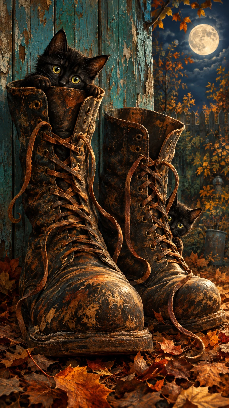 Giant vintage boots with playful black cats in autumn leaves