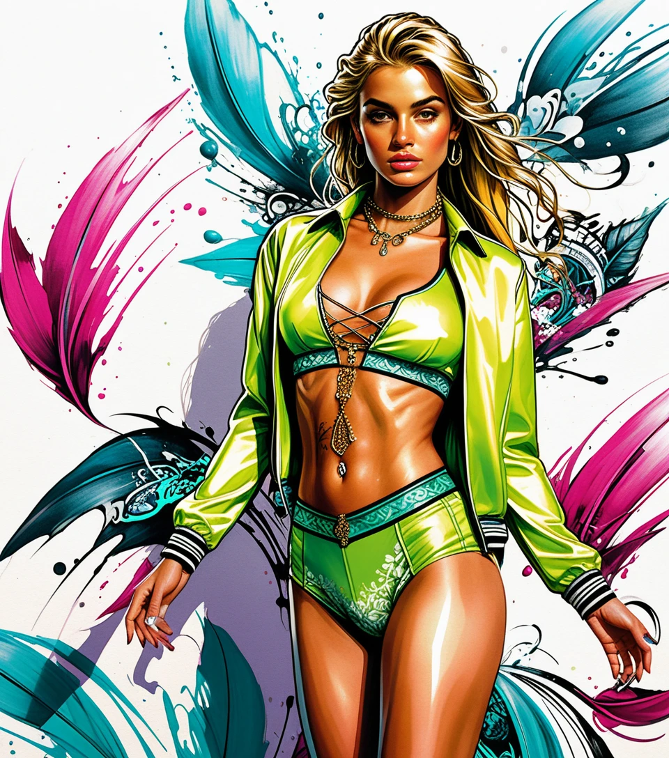 Blonde fashion model in aqua Y2K two piece outfit