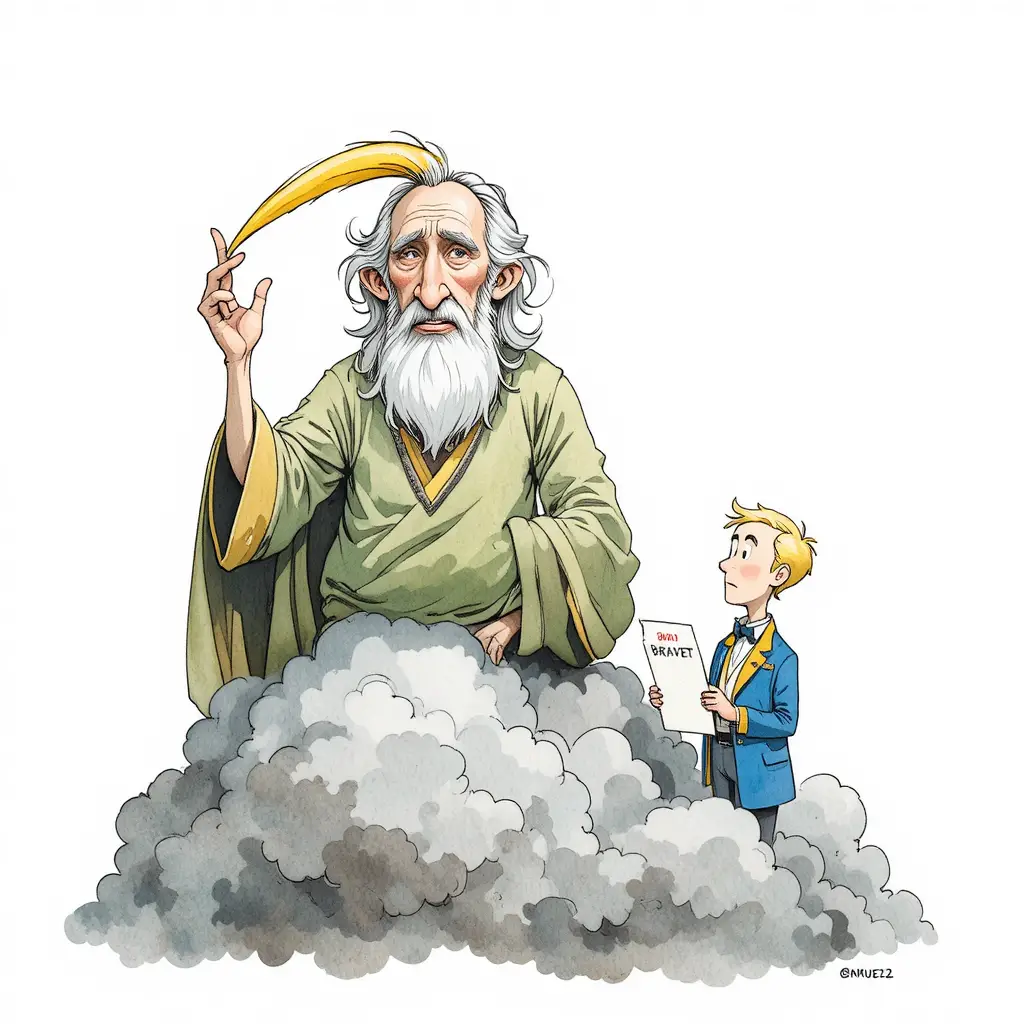 Anciano caricaturesco en una nube sobre un empresario preocupado