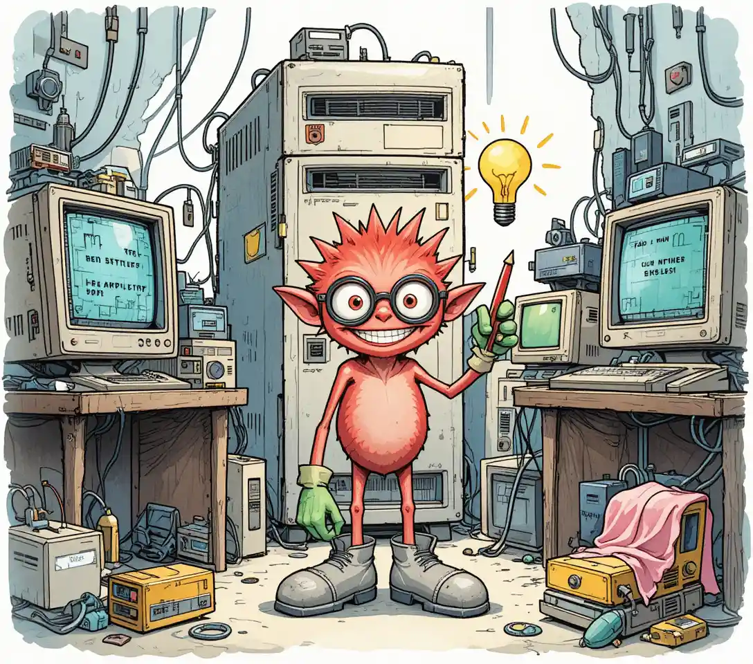 Criatura tecnológica de dibujos animados resolviendo problemas en un laboratorio de computadoras vintage