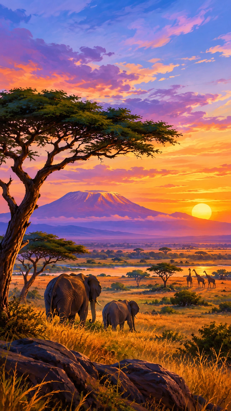 Digital illustration of a tranquil African savanna at sunset sky