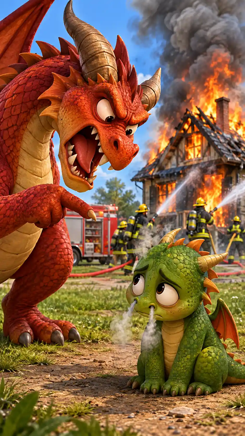 Cute baby dragon scolded as firefighters battle burning house