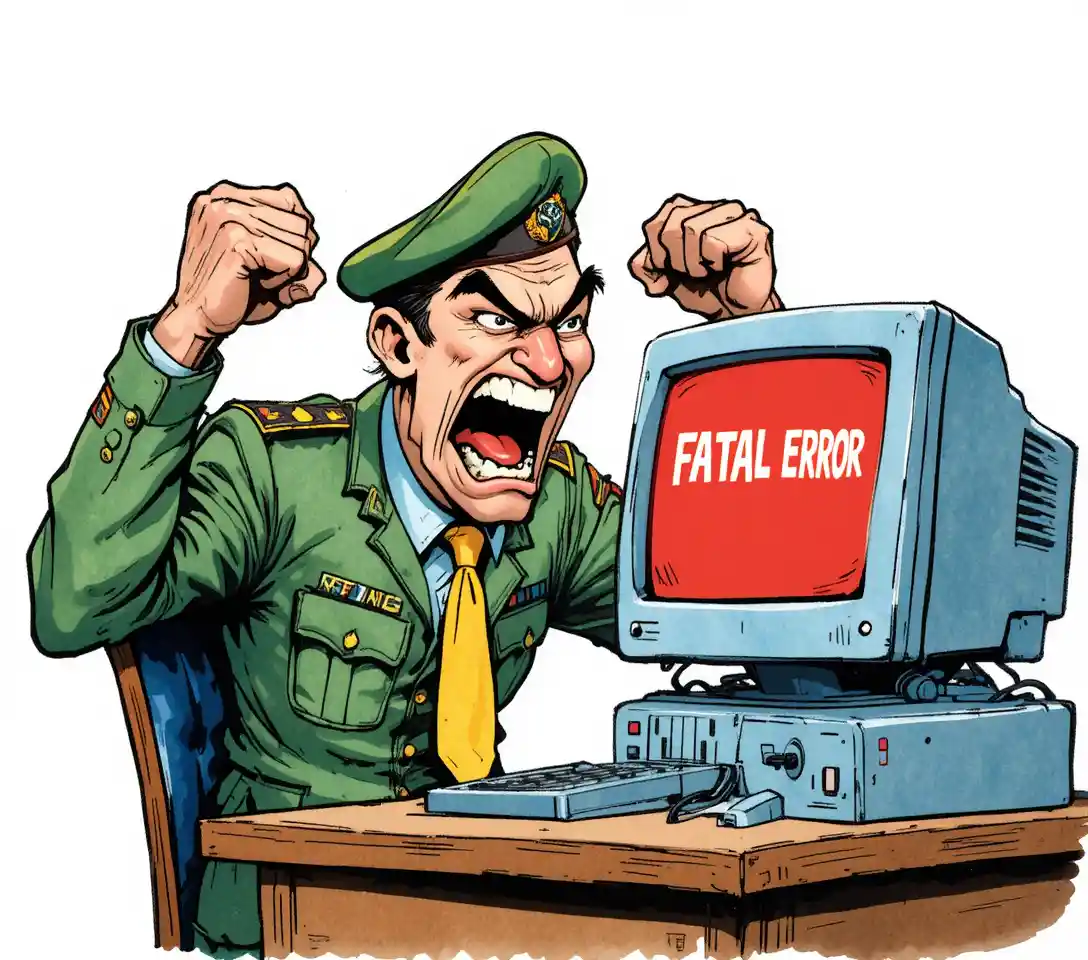 Oficial militar irritado gritando com erro em computador retrô