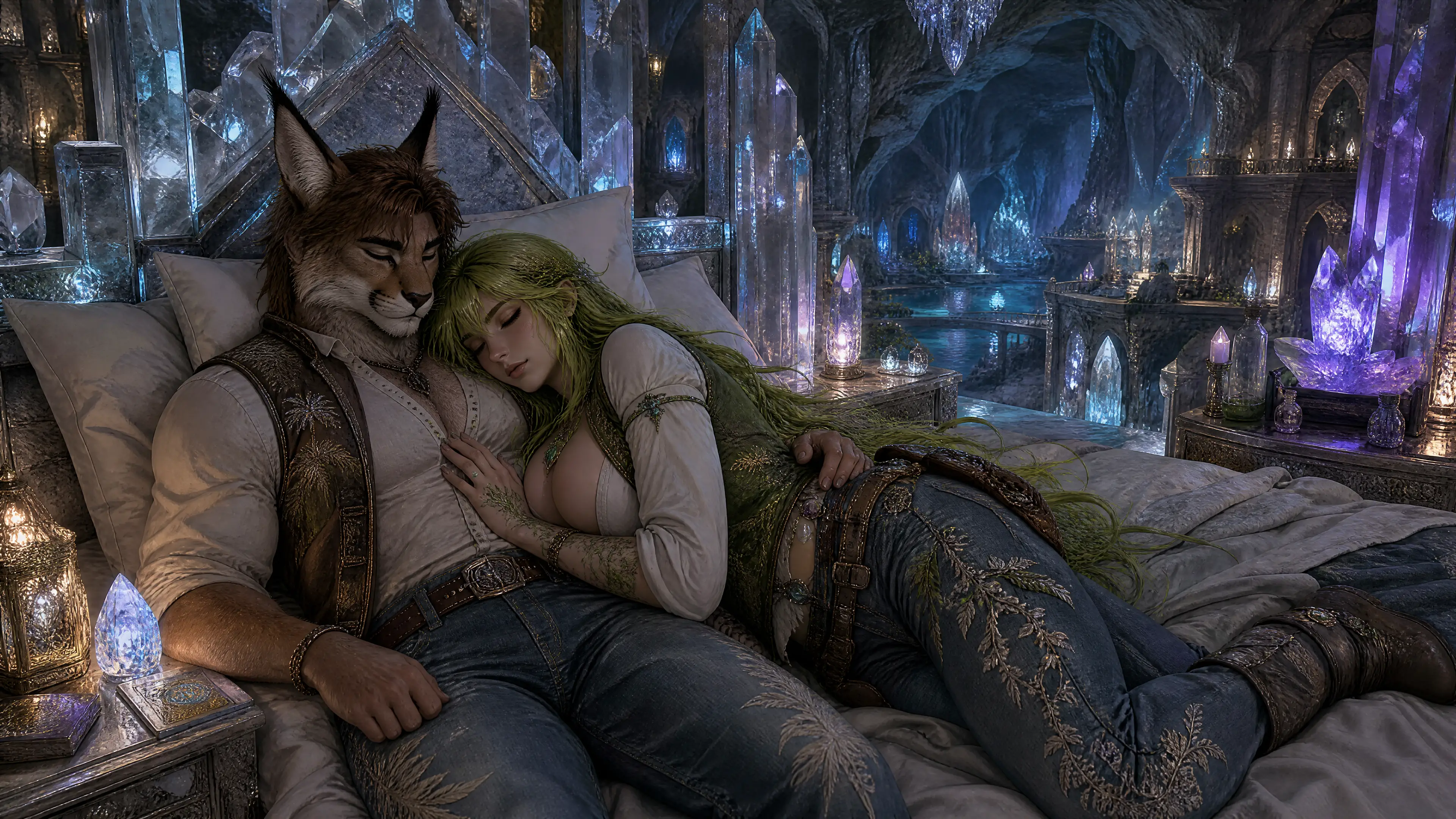 Coppia fantasy che dorme insieme in una grotta di cristallo luminosa