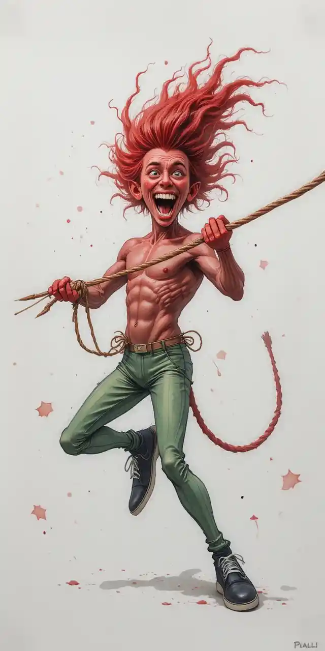 Red goblin cartoon gripping a pink braided rope