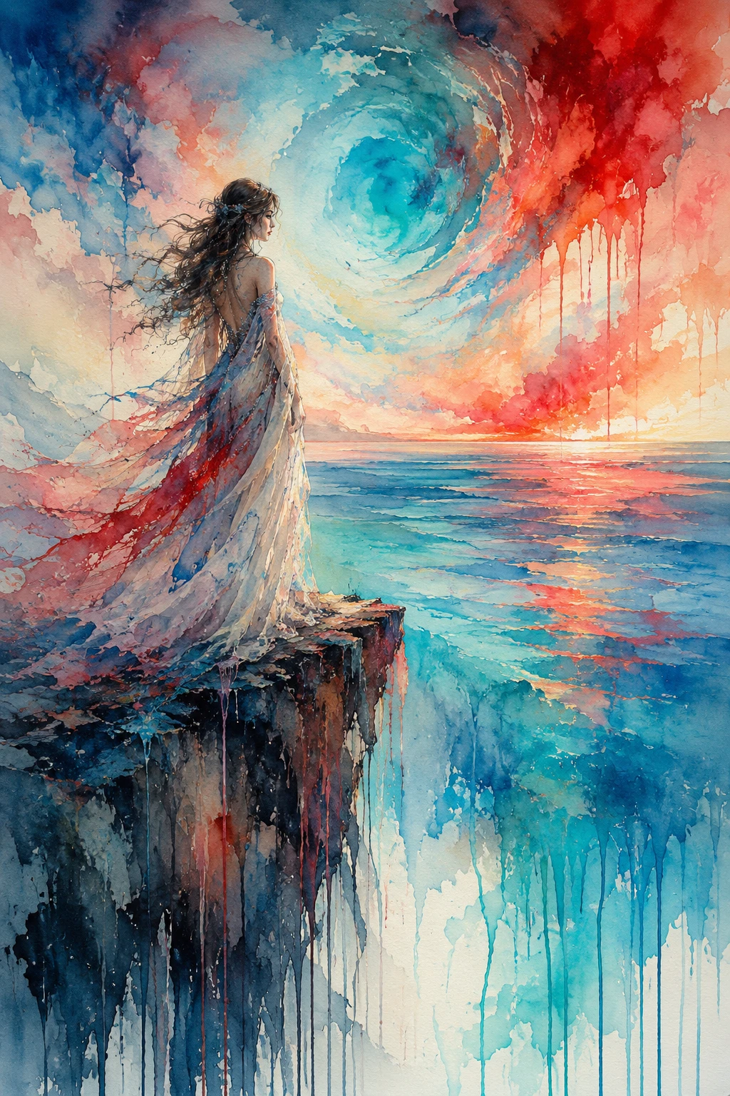 Donna onirica su una scogliera sopra mare e cielo turbinanti