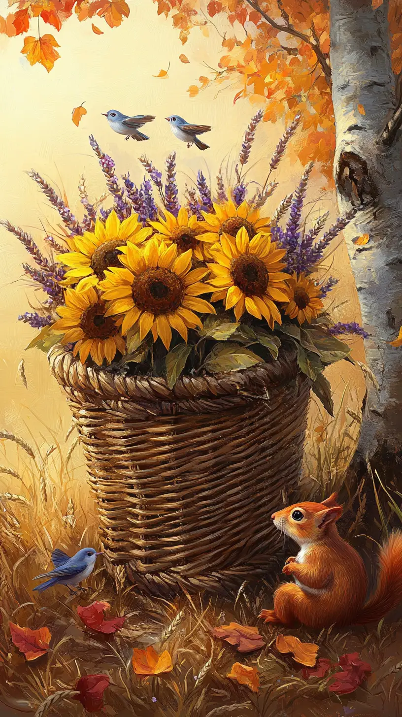 Tournesols dans un panier en osier dans un champ de blé doré