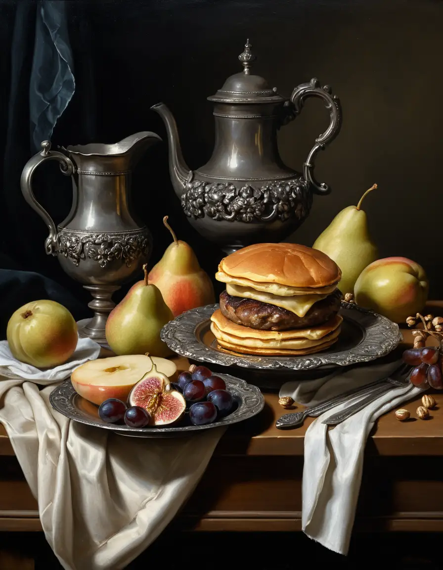 Nature morte de style hollandais avec cheeseburger central