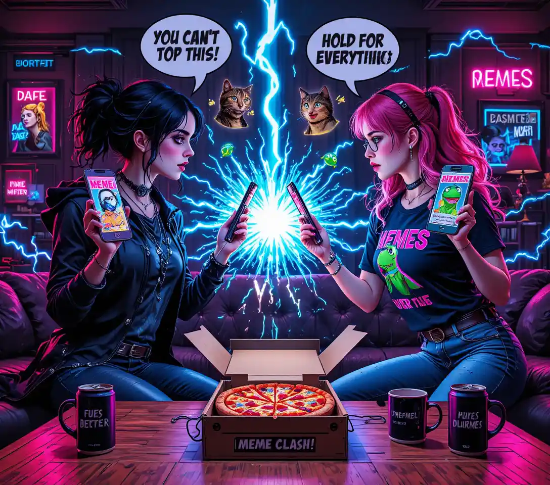 Two women clash with glowing meme phones in neon living room