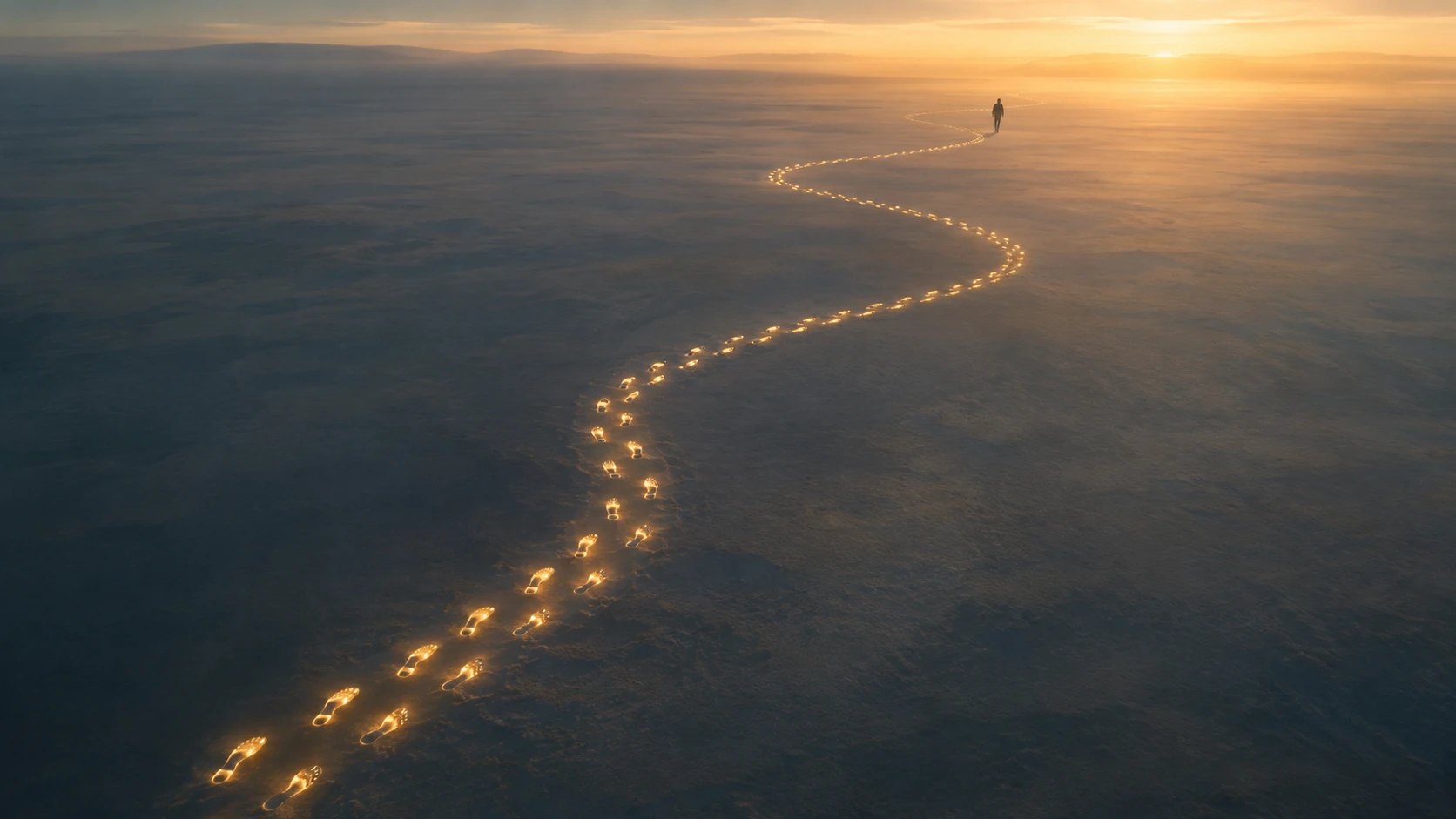 Aerial view of glowing footprints crossing an empty landscape