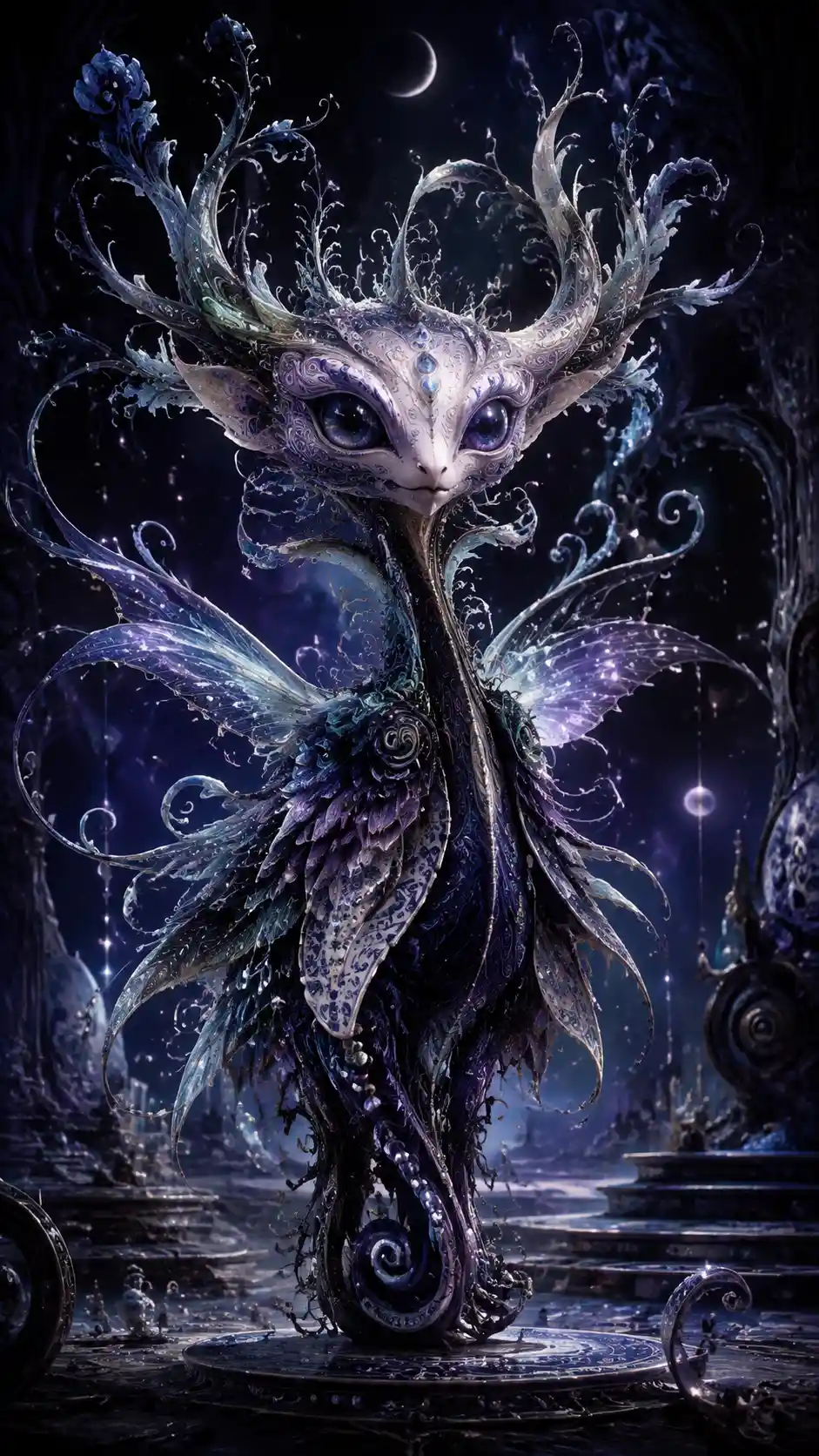 Surreal antlered fantasy creature with ornate botanical body