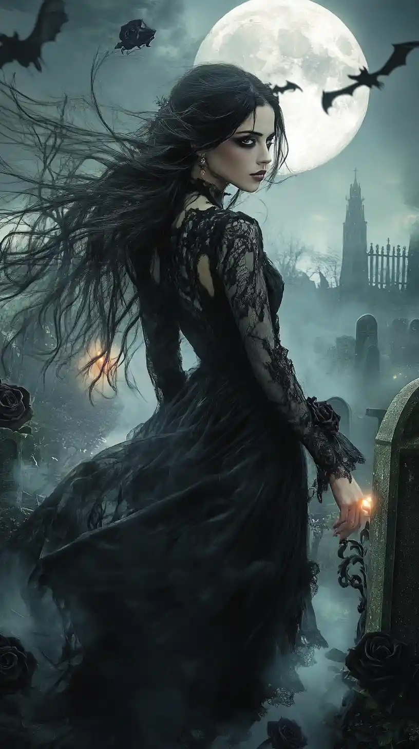 Goth woman walking through a moonlit graveyard at Halloween