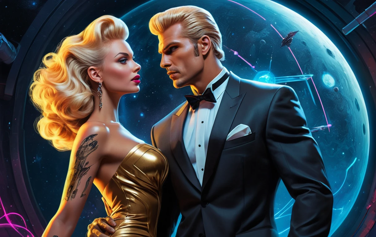 Neon-Pin-up-Fashion: Frau im eleganten formellen Galakleid