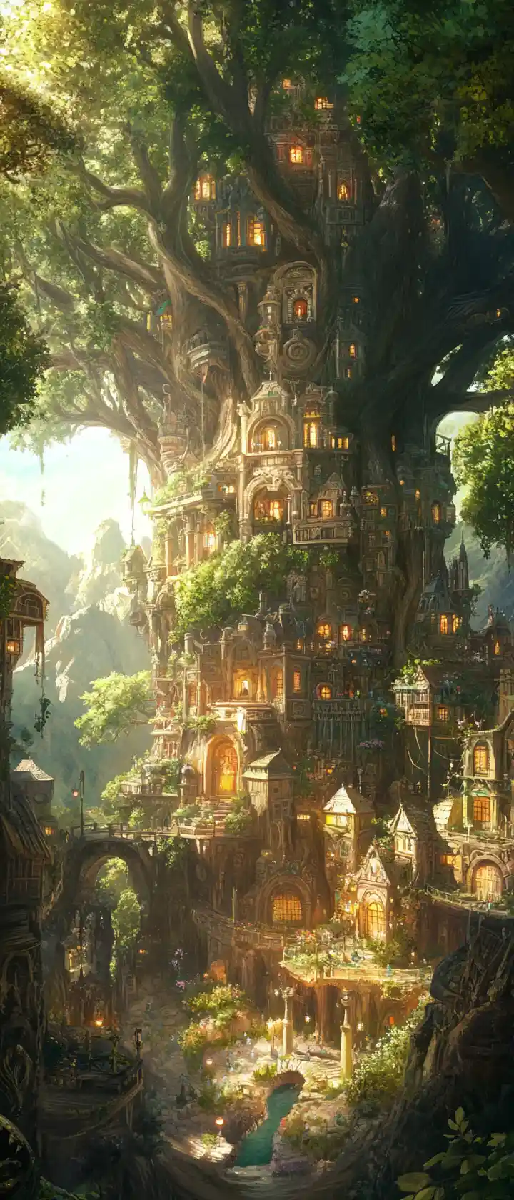 Whimsical fantasy city inside a giant hollow tree