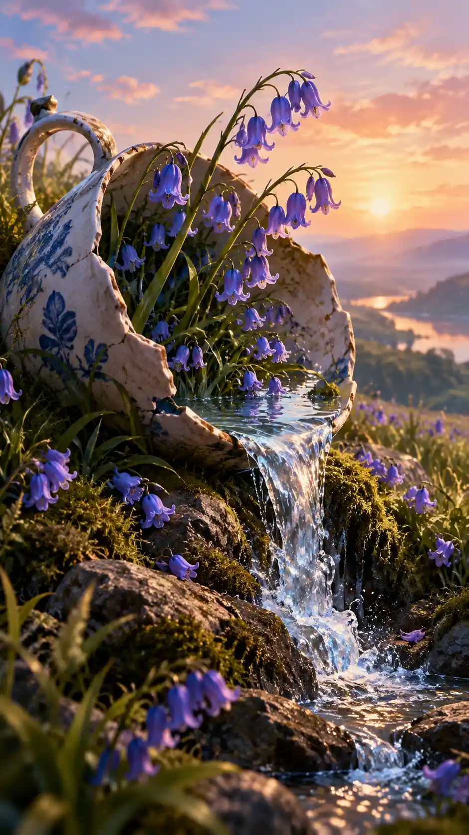 Poetische digitale Illustration leuchtender Bluebells in sanftem Staunen