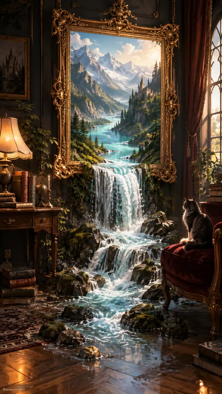 Surrealer Fluss, der aus gerahmter Landschaft in ein gemütliches Zimmer fließt