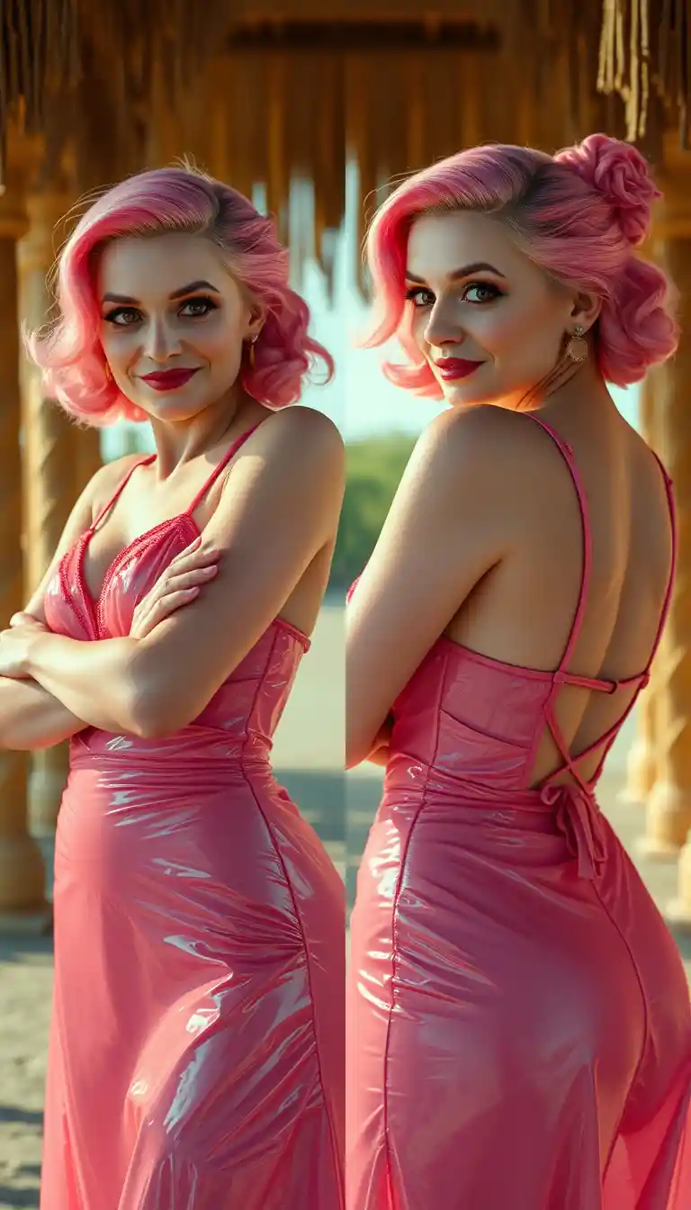 Flirtatious woman in pink dress under bright sunny sky
