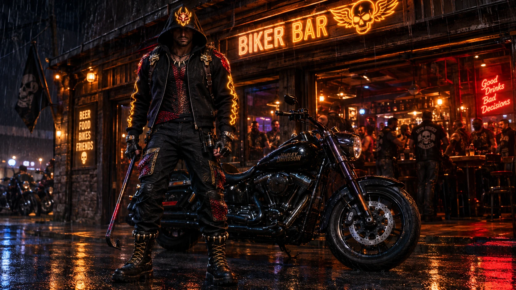 Intense biker in dragon armor outfit outside neon lit bar