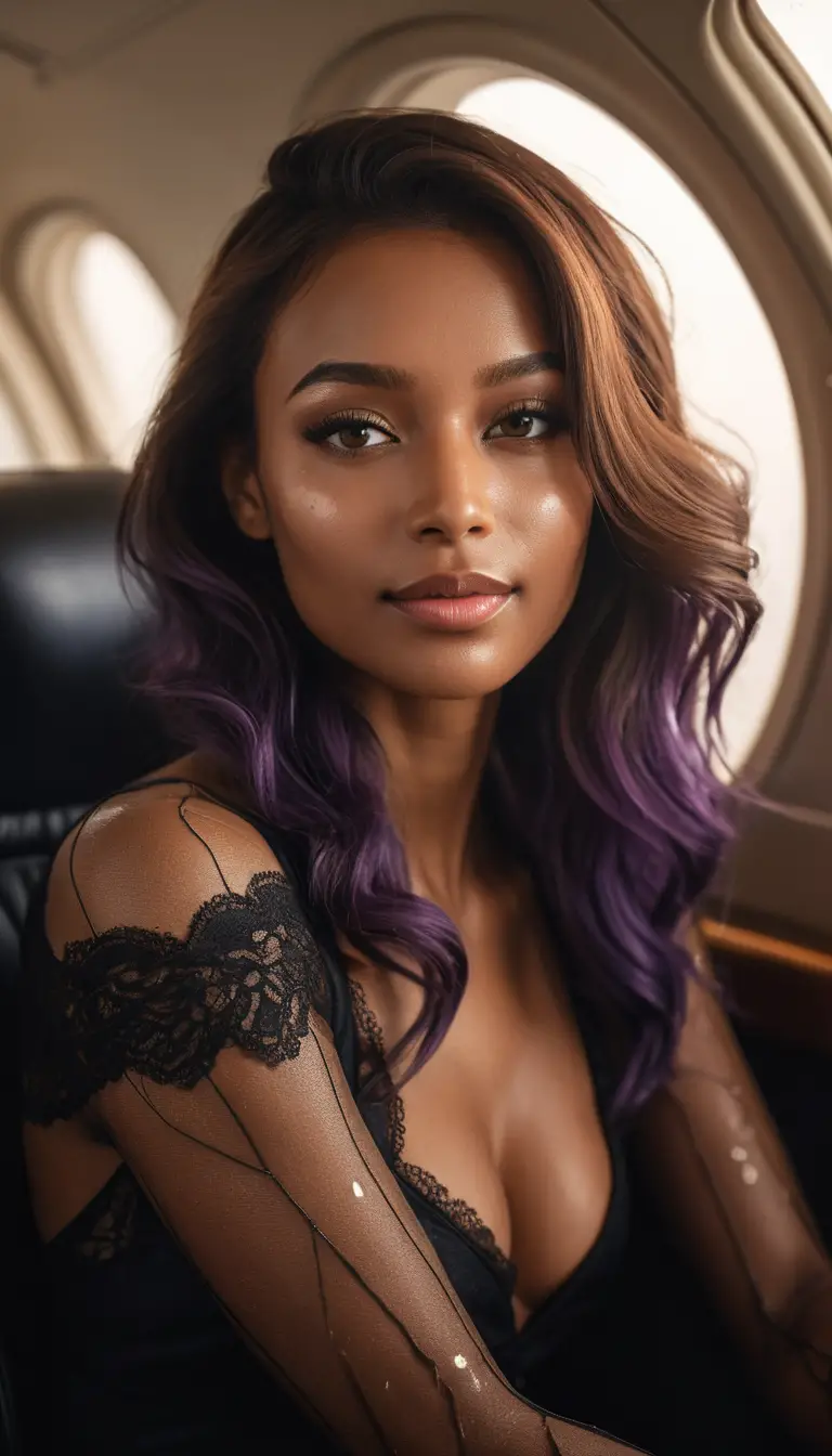 Primer plano sensual de mujer de pelo morado en jet privado