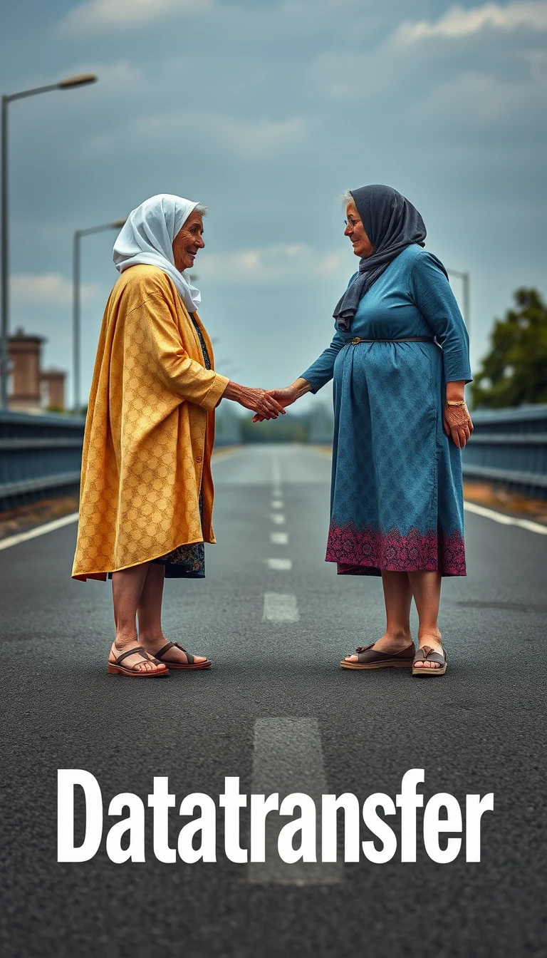 Elderly women touching foreheads with walking sticks on street