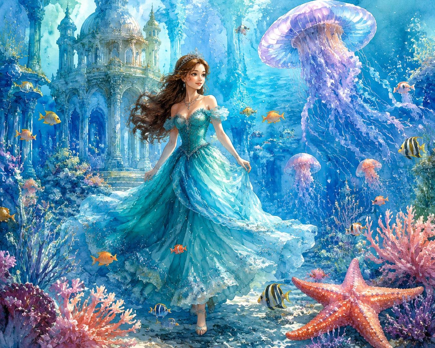 Prinzessin im türkisfarbenen Kleid in einem mystischen Unterwasserpalast