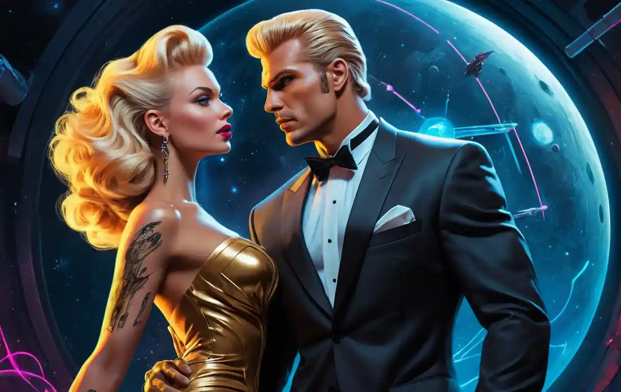 Neon-Pin-up-Fashion: Frau im eleganten formellen Galakleid