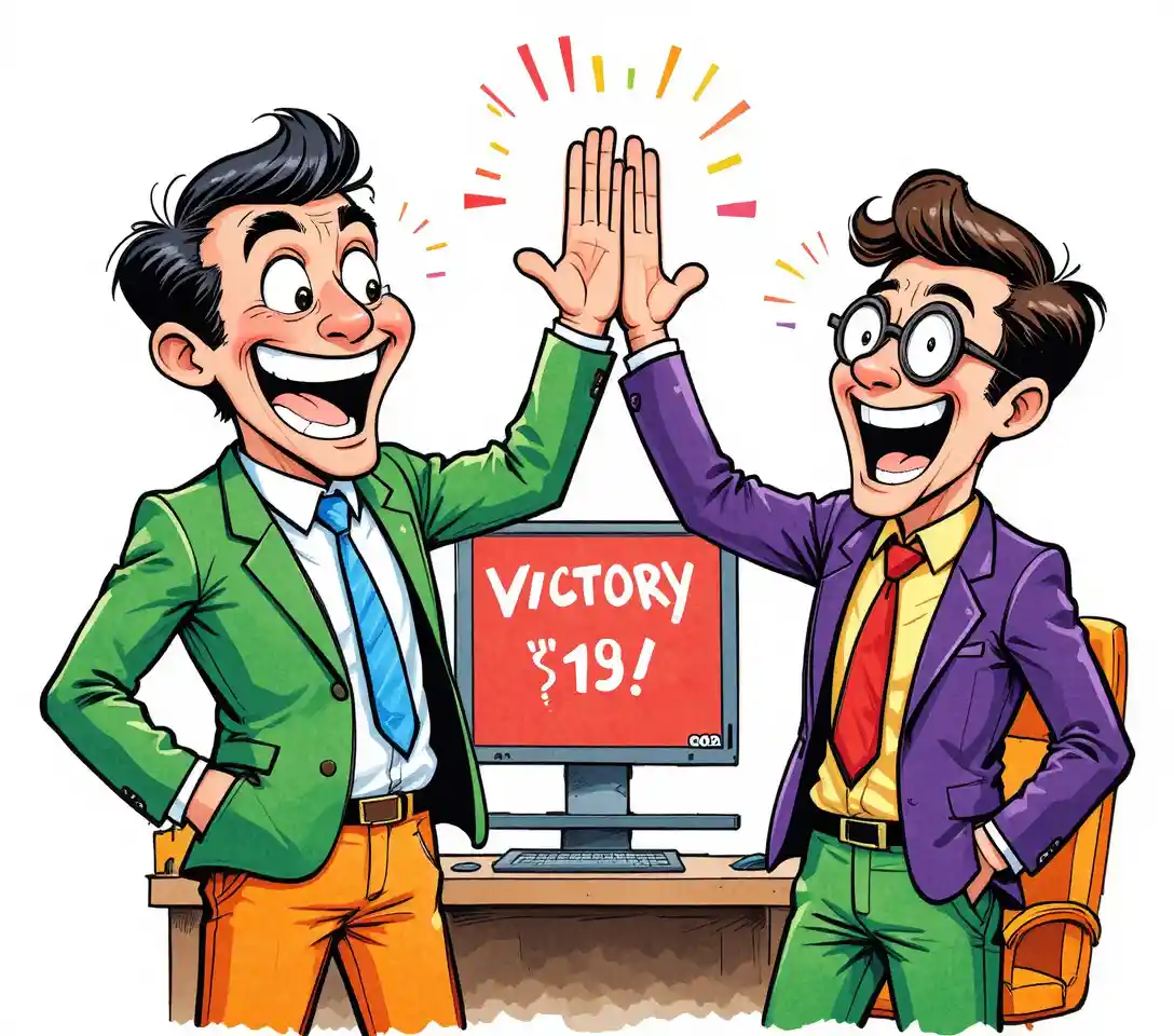 Empresários em desenho animado dão high five em cena de vitória em escritório colorido