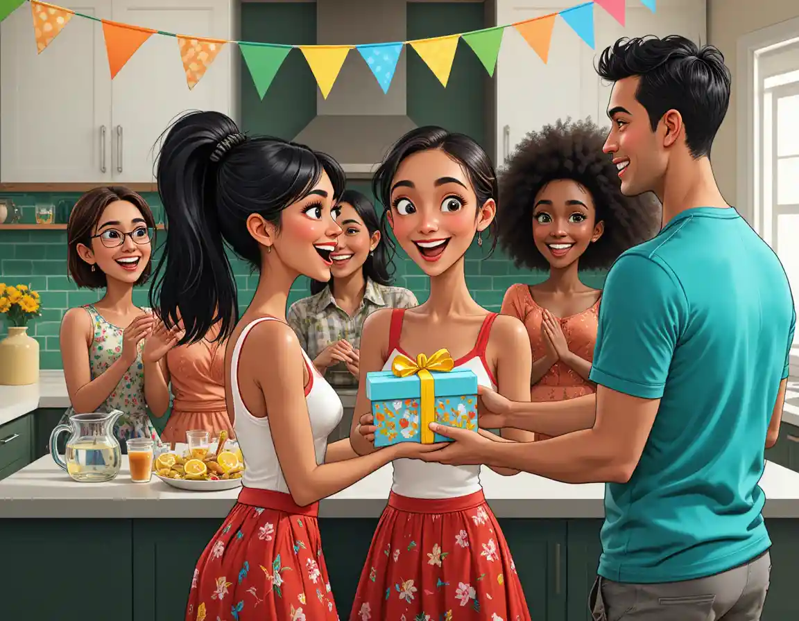 Amigos celebrando un cumpleaños sorpresa en una cocina moderna