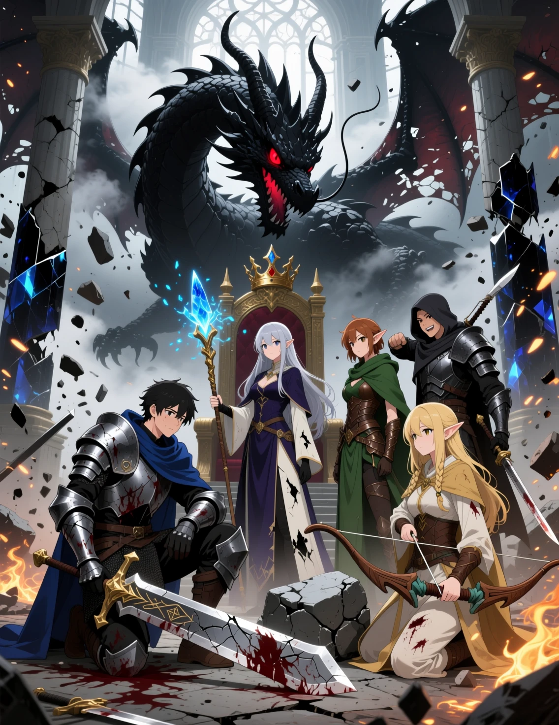 Exhausted heroes in ruined fantasy throne room