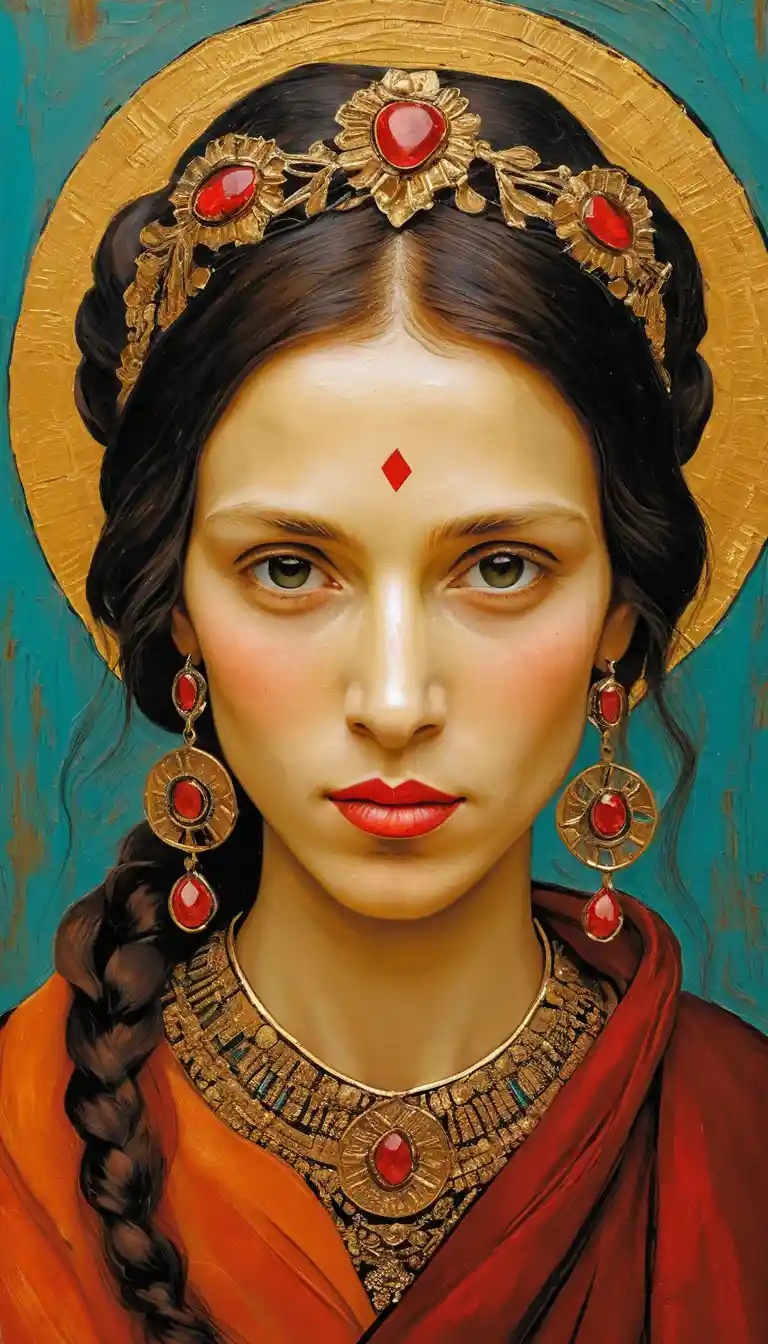 Pintura al óleo orientalista de mujer adornada con pluma de pavo real