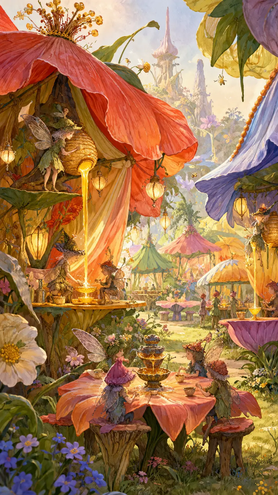 Lunapark fiabesco delle fate con gigantesche tende a forma di fiore