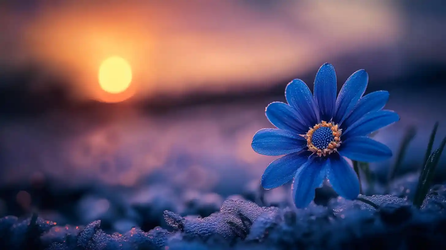 Flor azul cubierta de rocío al amanecer frío