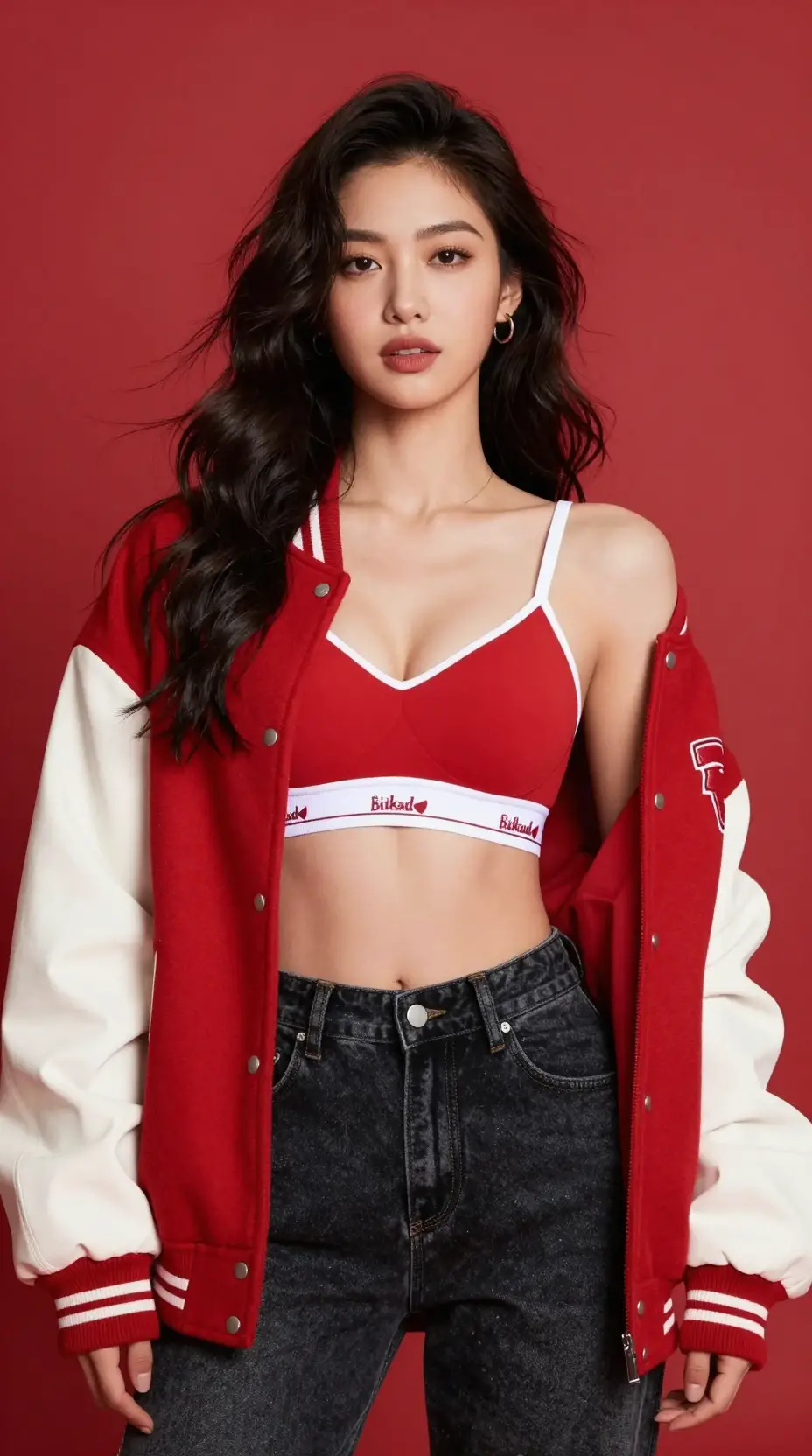 Mujer segura de sí misma con chaqueta varsity roja ante un fondo impactante